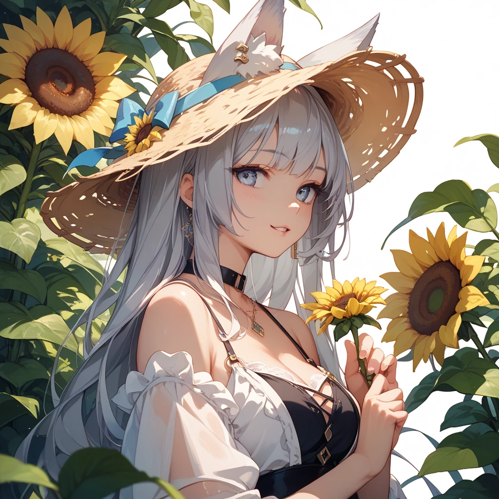 white dresses,White canvas shoes,Mature girls,long white hair,Light green eyes,Wearing a straw hat,Sunflowers in straw hats,adolable,vivaciousness