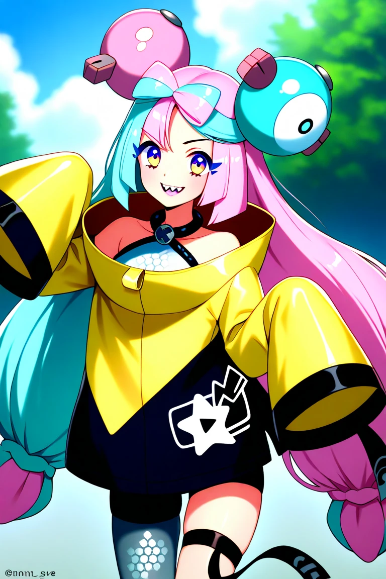 absurd, high resolution, Best Quality, masterpiece, Outdoors, girl, solo, Iono (Pokemon), smile, "Innocent"、waist pack、Retro、2000 Style、