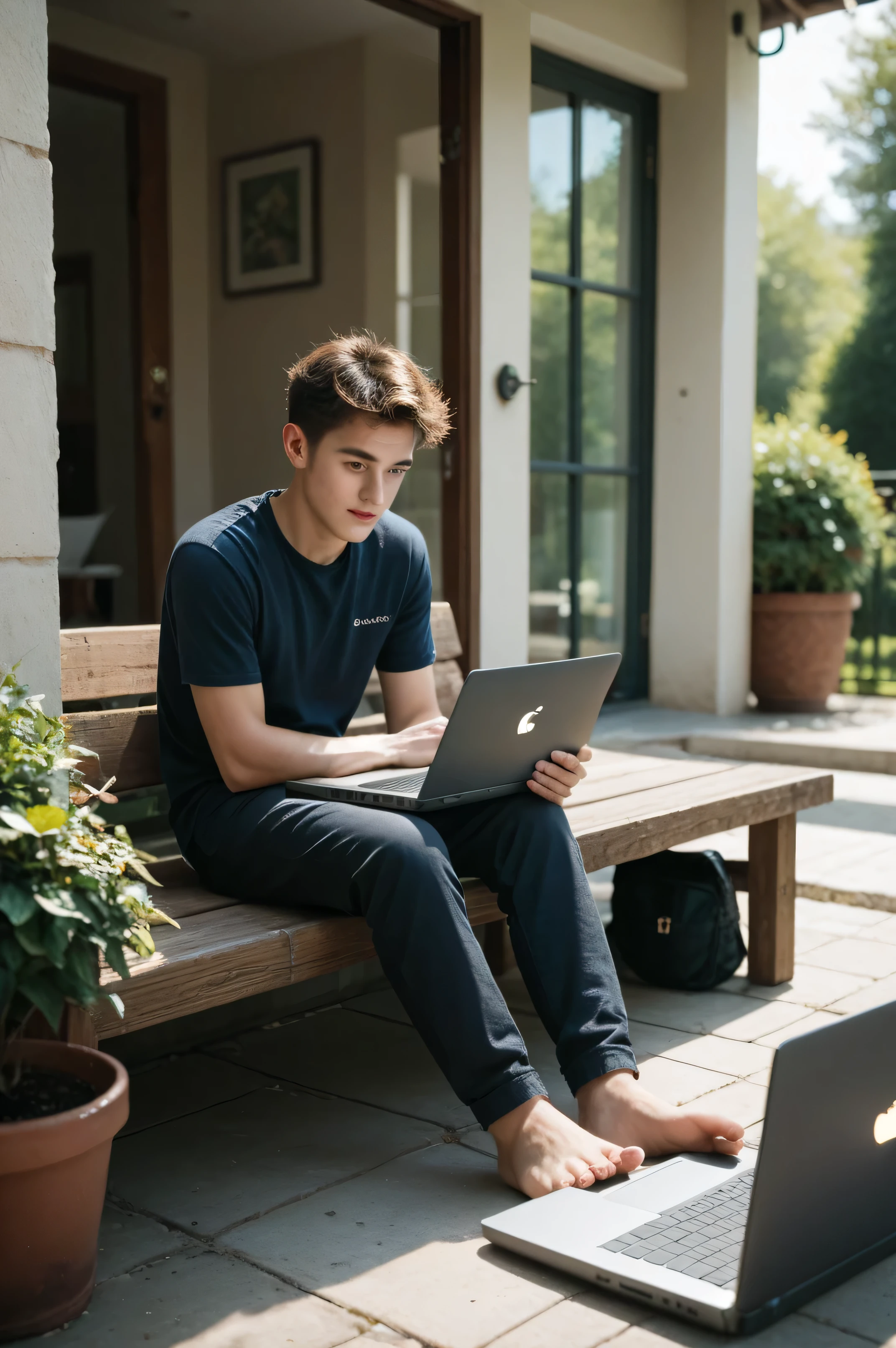 Young man with tousled hair sitting on a porch with a laptop, distracted gaze.