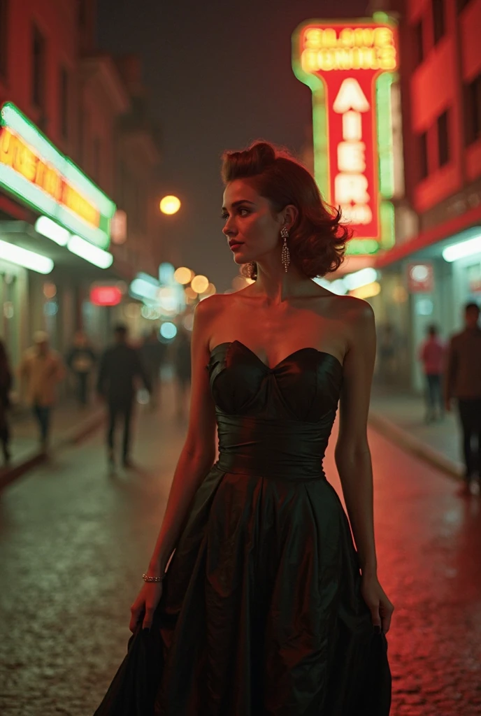A movie scene from "13th Floor", a bustling street in year 1937 at night, dark raining sky. (1girl, solo), elegant woman wearing short dress, photorealistic, large-breast:1.2 C-cup slim:0.9 body, cleavage:1.2, (matrix style black sunglasses), (holding a mini:1.1 stun gun), dynamic pose, (half-body thigh:1.1 level medium shot), cinematic lighting, ray tracing.