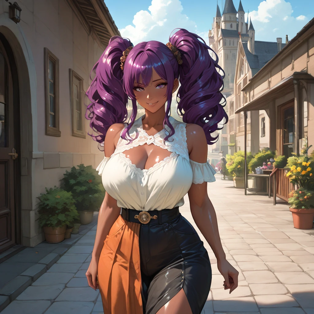 Perfect、Masterpiece、Professional illustrations、Perfect looks、Sharp lines、Cinematic lighting、Detailed face、Detailed eyes and pupils、Detailed hair、Beauty、Alone、female、sauce_game、Princessアリーナ from Dragon Quest 4、Big Breasts、Large Breasts、Orange Hair、Curly Long Hair、Yellow sleeveless dress、Black tights、Purple Cape、Purple pointed hat、Orange boots、Best Angle、Best Shot
