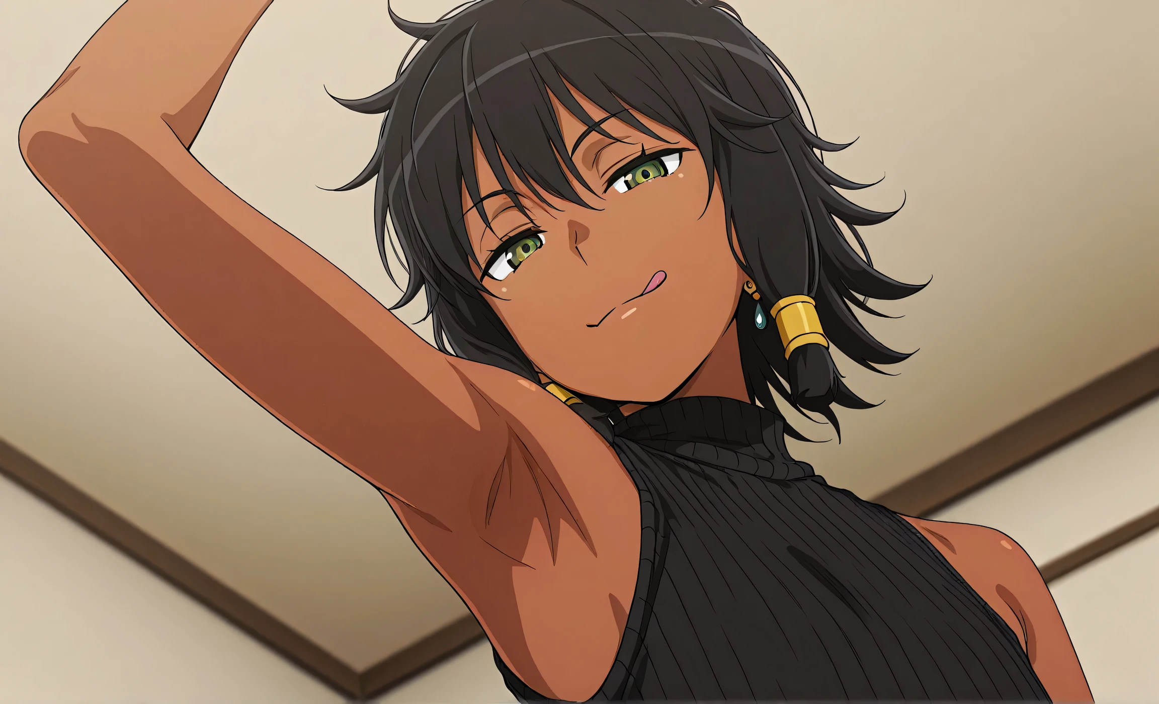 masterpiece, best quality, amazing quality, anime screencap, anime coloring, 1girl, solo, dark skin, short hair, hair tubes, black hair, green eyes, earrings, TionaHiryute, flat chest, black sweater, sleeveless sweater, ribbed sweater, turtleneck, arm up, raised arm, armpit, head towards viewer, looking at viewer, half-closed eyes, smile, smug, closed mouth, (front light:1.1), indoors, from side, from below, licking lips