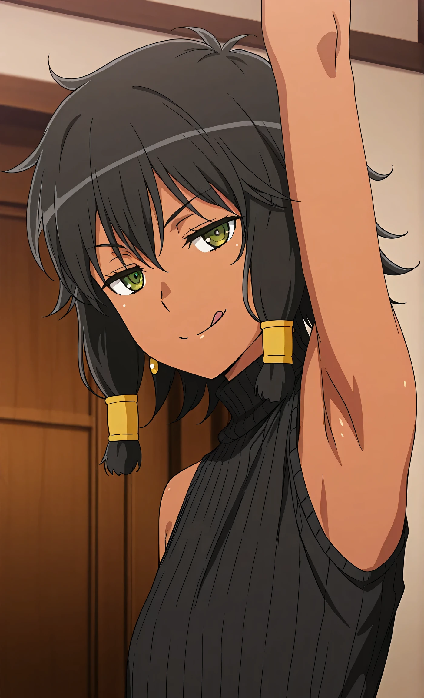 masterpiece, best quality, amazing quality, anime screencap, anime coloring, 1girl, solo, dark skin, short hair, hair tubes, black hair, green eyes, earrings, TionaHiryute, flat chest, black sweater, sleeveless sweater, ribbed sweater, turtleneck, arm up, raised arm, armpit, head towards viewer, looking at viewer, half-closed eyes, smile, smug, closed mouth, (front light:1.1), indoors, from side, licking lips