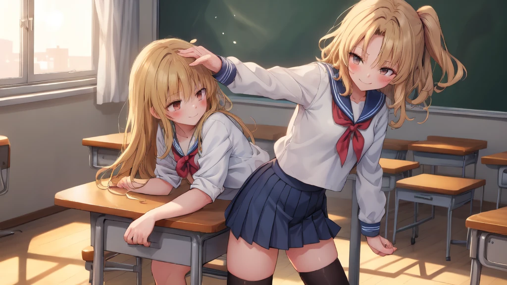 Highest quality,Highest quality,One girl,Multiple Boys,(((()))), surrounded by boys,Flat Chest,orgasm,blush, Sweat, Sakurai Momoka,Blonde,White Sarah Outfit,Navy Blue Skirt, Not a pleated skirt,whole body,Dark Classroom, Grey pantyhose、Flipping up a navy blue skirt、Spread your legs