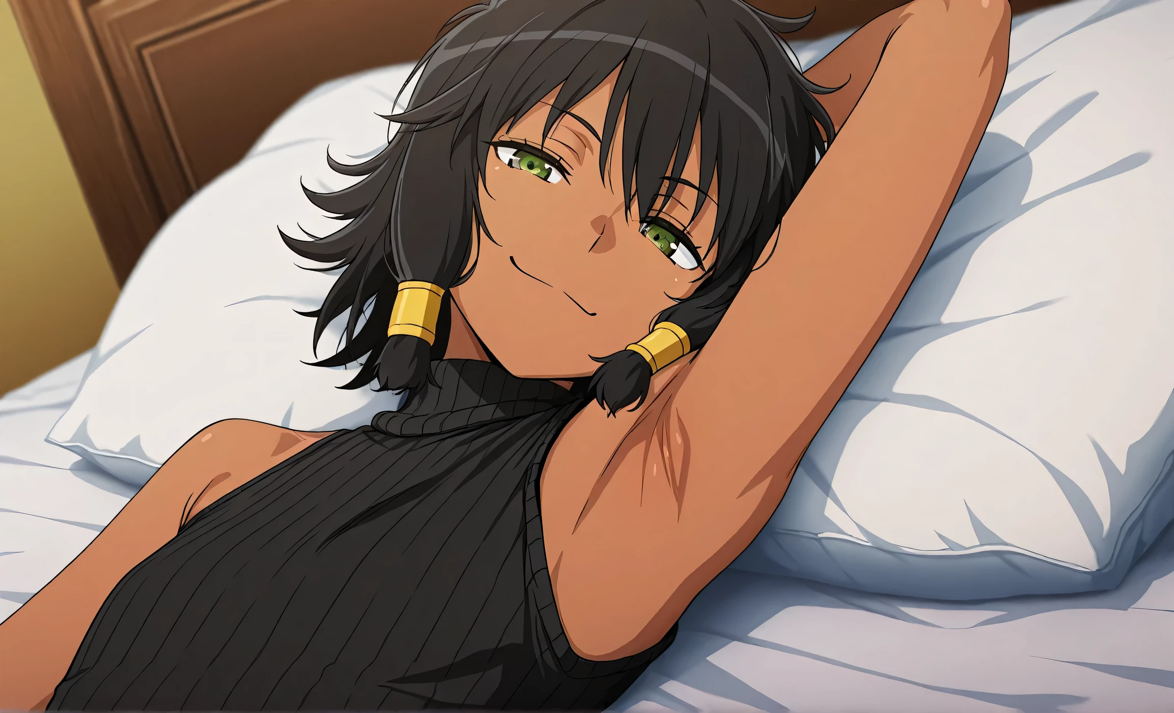 masterpiece, best quality, amazing quality, anime screencap, anime coloring, 1girl, solo, dark skin, short hair, hair tubes, black hair, green eyes, earrings, TionaHiryute, flat chest, black sweater, sleeveless sweater, ribbed sweater, turtleneck, arm up, raised arm, armpit, head towards viewer, looking at viewer, half-closed eyes, smile, smug, closed mouth, (front light:1.1), lying in bed, from side