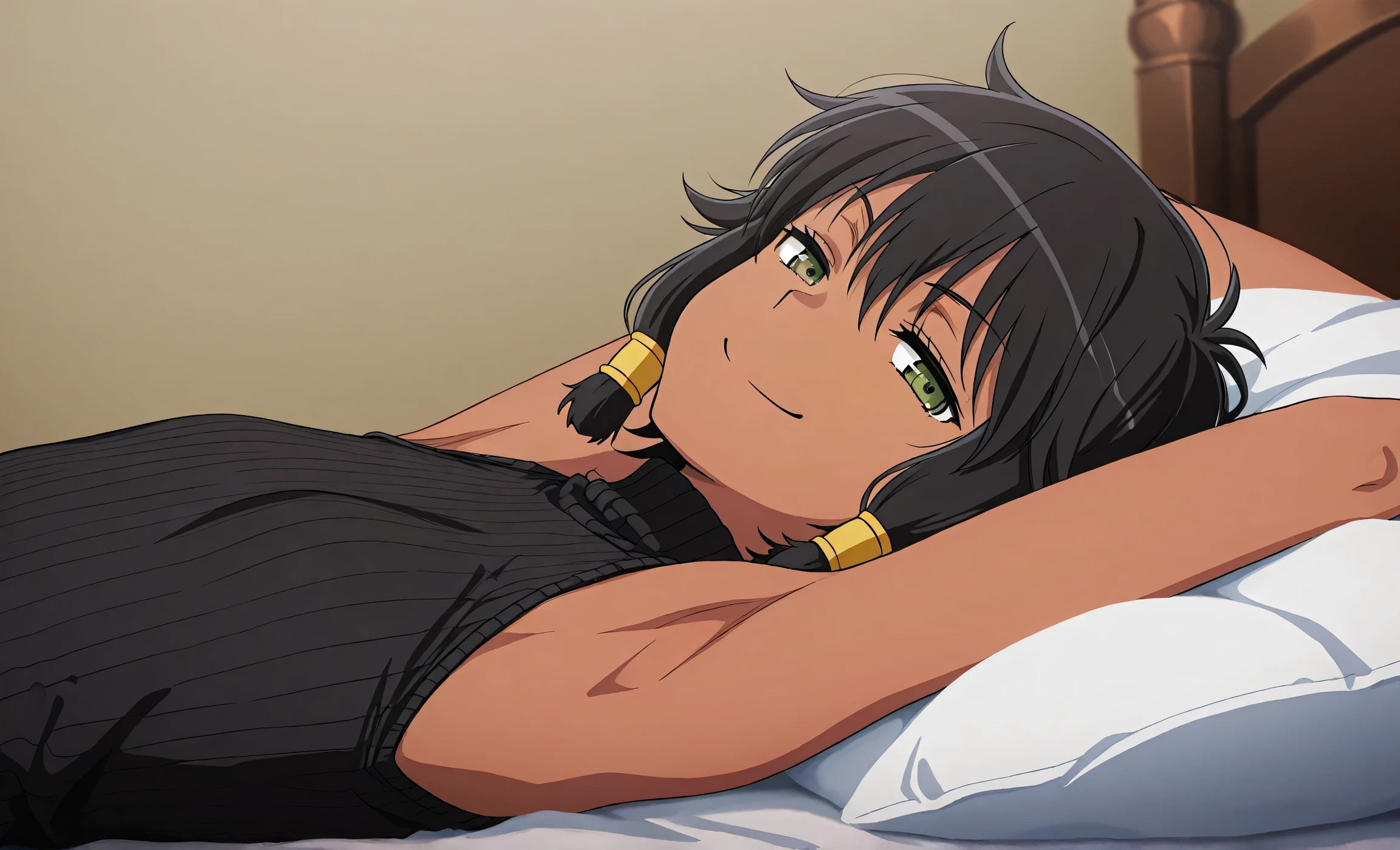 masterpiece, best quality, amazing quality, anime screencap, anime coloring, 1girl, solo, dark skin, short hair, hair tubes, black hair, green eyes, earrings, TionaHiryute, flat chest, black sweater, sleeveless sweater, ribbed sweater, turtleneck, arm up, raised arm, armpit, head towards viewer, looking at viewer, half-closed eyes, smile, smug, closed mouth, (front light:1.1), lying in bed, from side