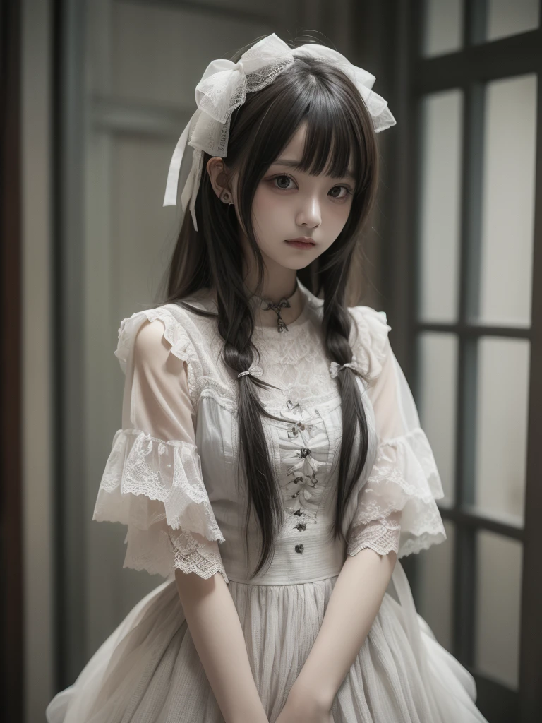 ((masterpiece)), ((Highest quality、Ultra-high resolution)), (Very detailed),8k、Photo quality、((Amazingly cute girl)),(((14-year-old girl))), Two people, , (Beautiful emerald blue eyes), ((smile)),In the open-air bath overlooking the sea, Beautifully arranged black hair in twin tails、whole body、Cute Lolita Maid-style Swimsuit))、Professional Lighting、(Beautifully detailed white lace knee-high socks。Detailed, cute and realistic。)、(((Just wear light clothing)))、The background is the kitchen of a medieval European castle.
