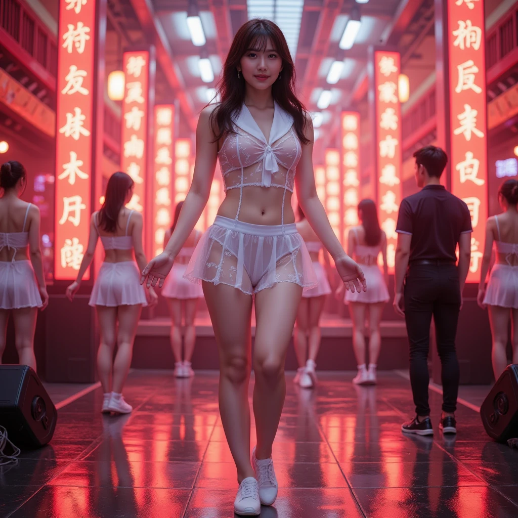 bandeau, 1girl, festival rave, night, rays of light, eoc, delirium, highres, lens reflection, led, masterpiece, cinematic lighting, perfect skin, long and vivid colored hair, toned, cameltoe, focus on breasts, focus on legs