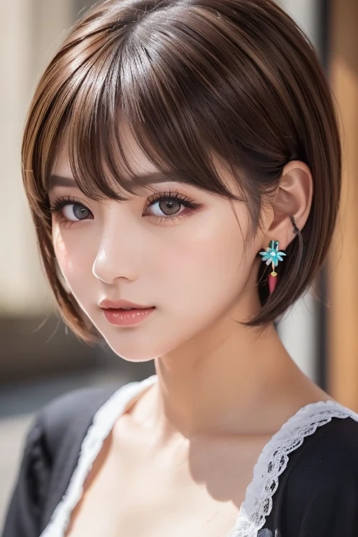 arafed woman with a short brown hair and a pink lip, chiho, 奈良美智, lalisa manobal, ayaka, with short hair, park ji-min, sakimichan, sun yunjoo, neat hair with bangs, with bangs, profile of anime girl, the hime cut