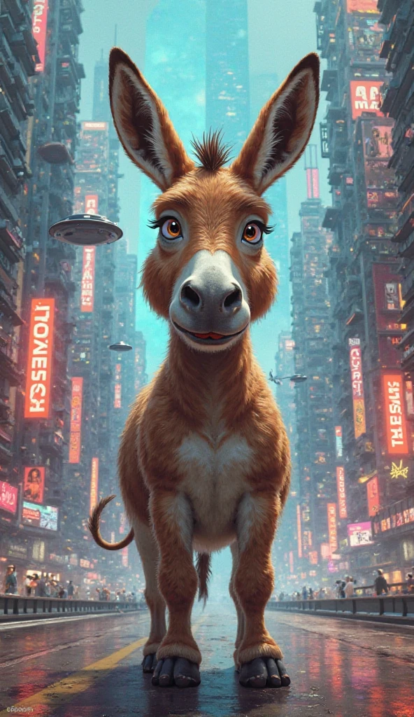 城市，the night，Realistic alpacas，cyber punk perssonage，laser eyes，nighttime scene，High-rise buildings，Cool alpaca，Alpacas should be bright，The main colors are pink and light blue，