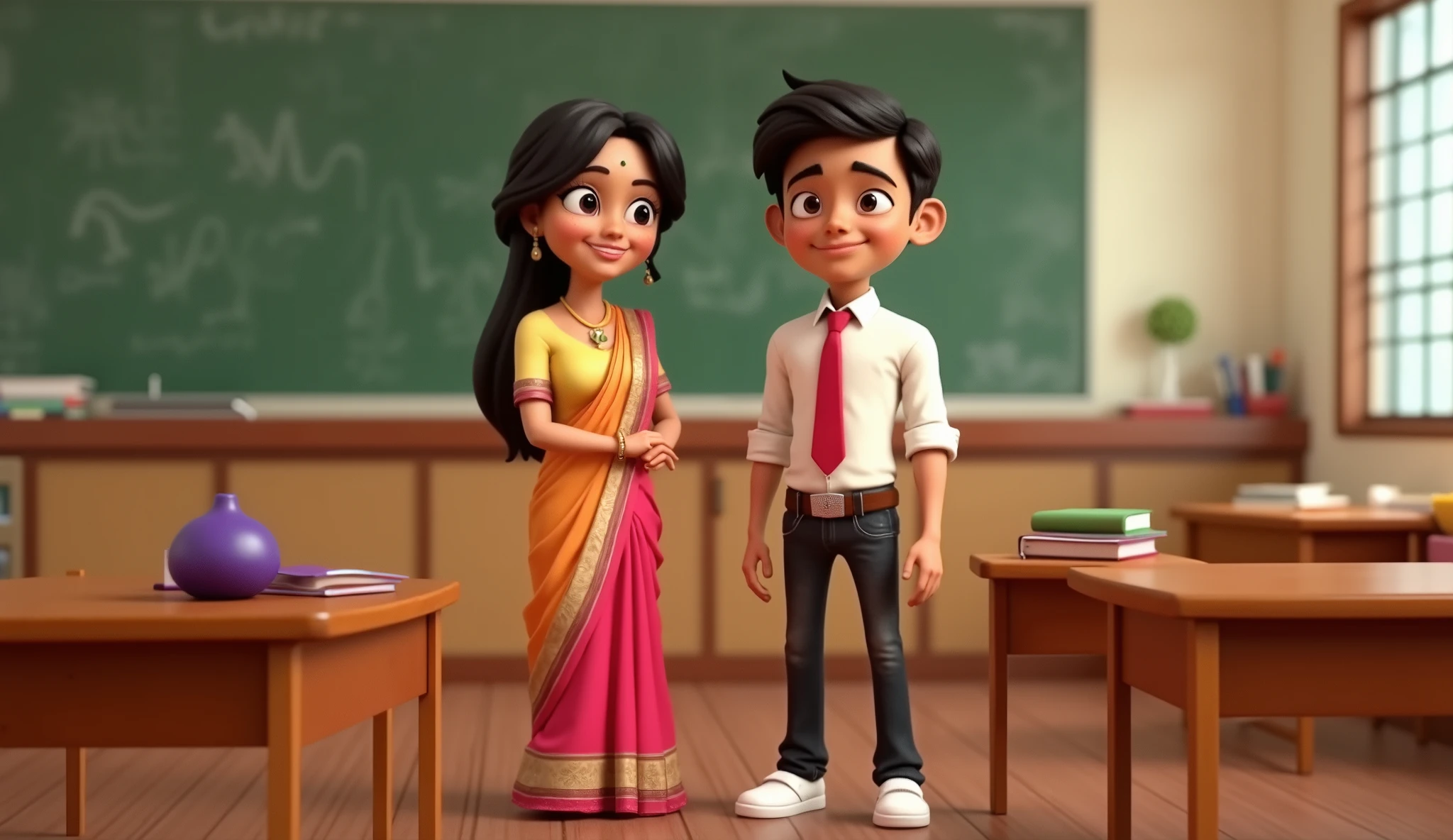 ultra high quality high quality 3d pixar character, Vivaan, an sweet and smart boy. Vivaan standing with his sexy bold and hot wear saree teacher in the class, boy wear a white shirt, red tie, and black jeans and white shoes. his hair straight black.
