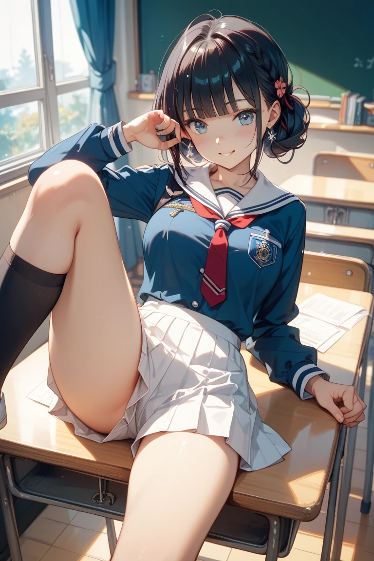 (1 person、solo), Beautiful woman, High definition beautiful black eyes、Anatomically perfect body, (Slender)、(High school girls), (Sailor suit), (Pussy juice:1.1),  (Leaning forward、Look down:1.2), (Are standing), (Hands between legs:1.2)、16 years old、(highest quality)、Black Hair, (half updo), classroom、(8k, High resolution)、(shy:1.4)、Mid-chest, (steam:1.1), (embarrassed:1.3), show off nipples under shirt、(wide shot), (Inner thighs)