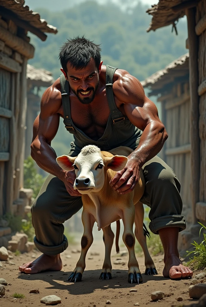 A man began to bring a huge cow from the river on his head