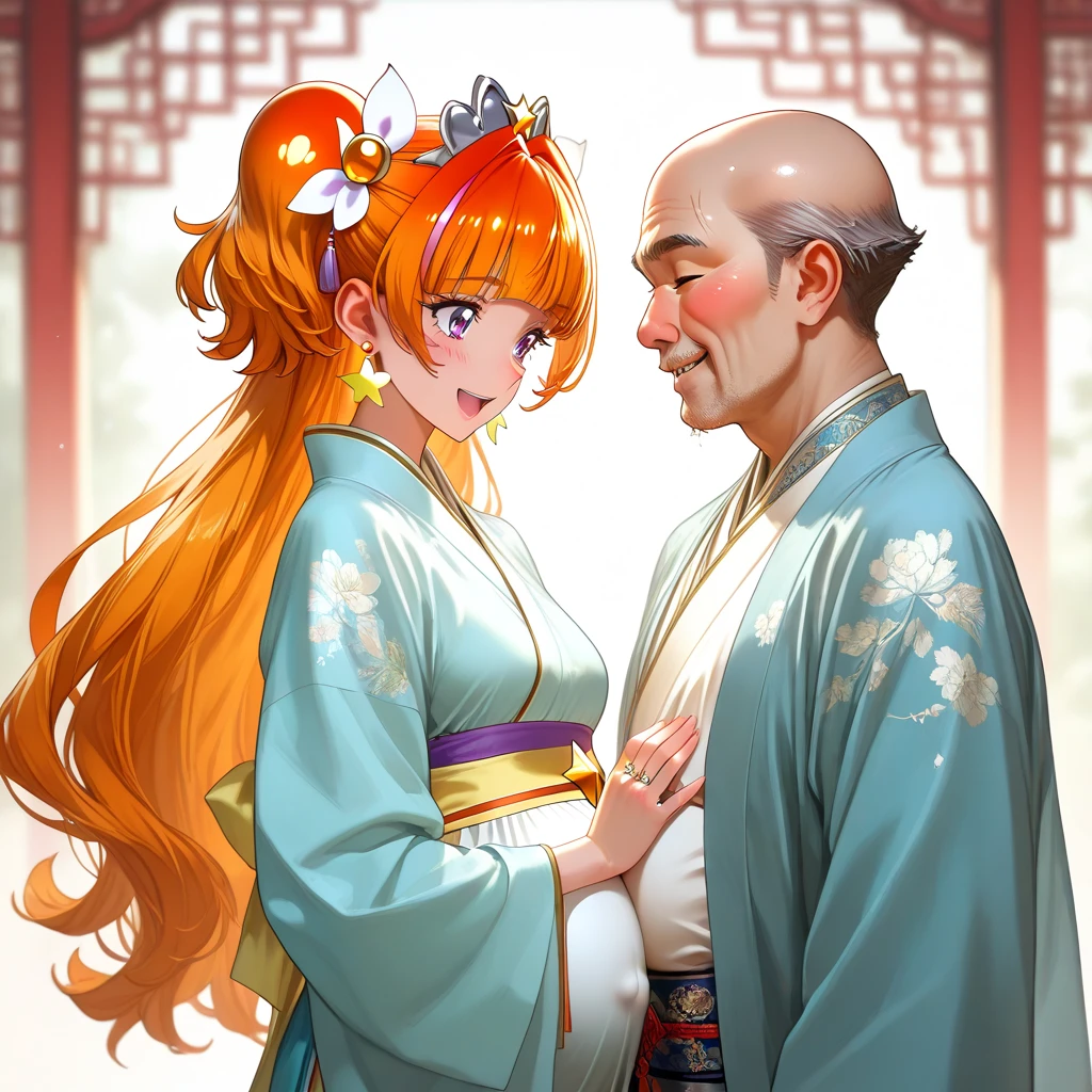 ((Highest quality)), ((masterpiece)), (detailed), (Perfect Face)、The woman is in a luxurious Chinese church, wearing a red wedding dress made of gold embroidered Hanfu fabric, and is being held by a dignified and sturdy middle-aged Chinese man in Hanfu. The woman is leaning against the man and holding him close as they hold their cheeks during the wedding ceremony. The man and woman are both wearing engagement rings.、The woman has a gorgeous hairstyle and wears gorgeous jewellery.、The woman is the elegant Tsukino Usagi, with long blonde hair in a chignon twin tail.、A man is dressed in a Hanfu groom costume and is having a wedding with a woman