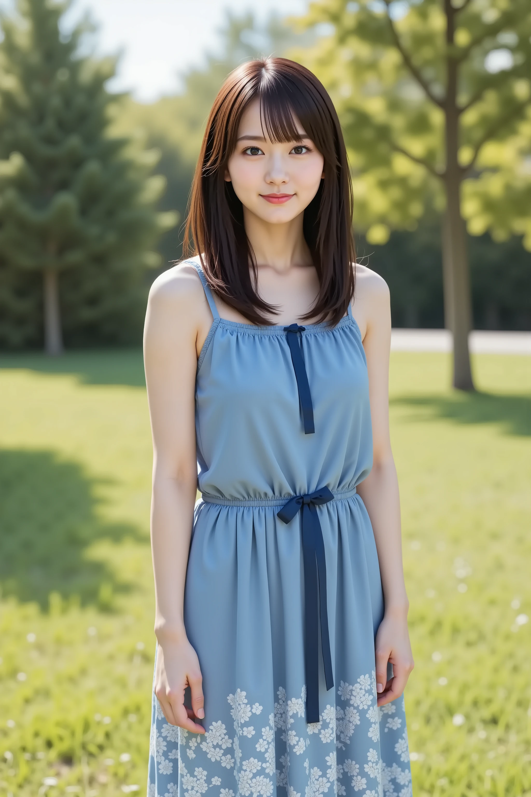 firm breast, ultra-high-resolution 8K CG illustration of a Japanese woman portrayed in a portrait. She is standing outdoors in a sunlit grassy field, surrounded by lush green trees. The composition is carefully framed so that her entire head is fully included without cropping, positioned precisely at the vertical and horizontal center. She has symmetrical facial features, pale skin, almond-shaped dark brown eyes, straight bangs, and long black hair flowing over her shoulders and chest. Her expression is calm, with a soft closed-mouth smile. She wears a sleeveless blue sundress with thin shoulder straps. The top of the dress is gathered with elastic fabric, forming a snug fit around her chest. A dark blue ribbon is tied at the waist into a bow, creating a clean silhouette. The skirt section features a white floral pattern on blue, extending downward with natural soft folds. The fabric appears lightweight with slight creases, showing realistic motion in the lower half. Her arms rest gently at her sides, fingers slightly bent. The lighting is natural and directional, with soft highlights along her shoulders, arms, and the folds of the dress. Her legs are bare below the dress hem. No stockings, boots, gloves, or hats are present. There are no magician props, table, or stage equipment. The background consists of slightly blurred trees, grass, and a bright, open sky. No elements obstruct the figure. The entire scene is lit by daylight from above. Her face is clearly visible and evenly illuminated. Unity-style rendering is used throughout, with high surface detail, accurate shading, and soft edge light. The character is presented as the only figure, standing calmly with a natural pose, captured in a bright, peaceful outdoor environment. The image is framed as a full-body portrait shot with attention to symmetry, realism, and balanced composition.
