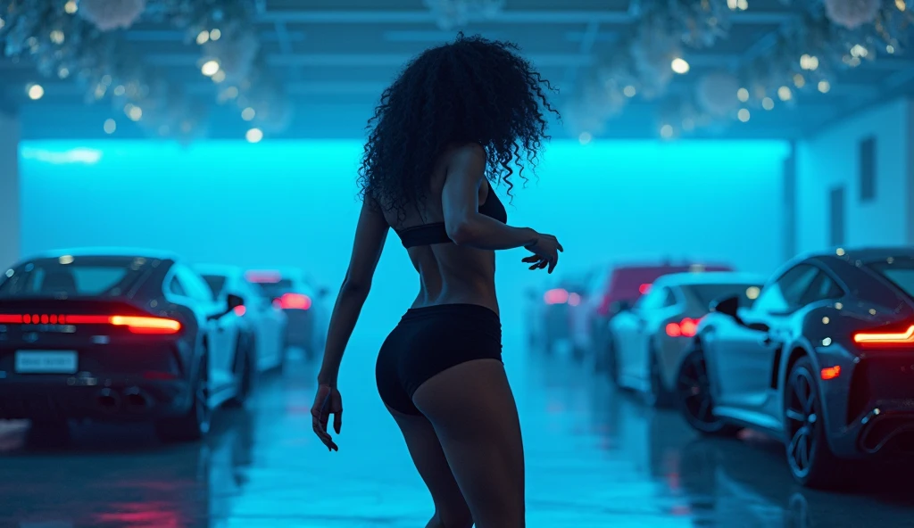 imagine an ultra realistic HD cinematic cartoon, cartoon style. From several women with short shorts, big butts and cleavage dancing to black men holding a lot of money in their hands, a lot of money, with luxury cars in the background, having speakers playing