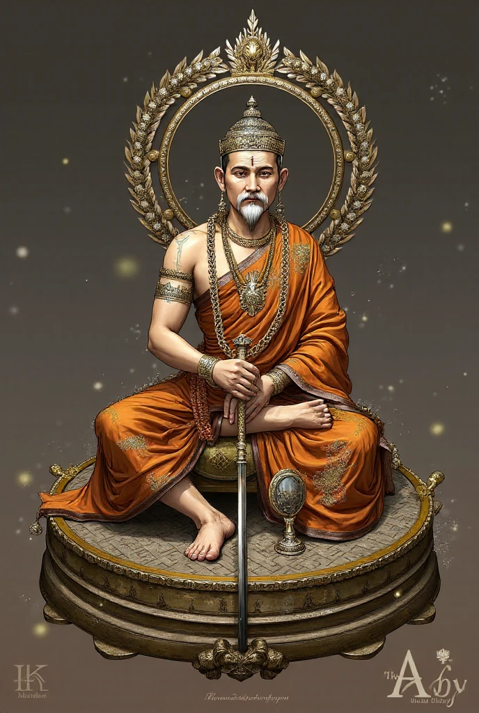 Ksitigarbha Bodhisattva,digital painting of a monk sitting on lotus flower,holding staff,glowing beads in his hand, halo around his neck,crown, mist,cloud, lotus pond <lyco:Ksitigarbha:0.7>