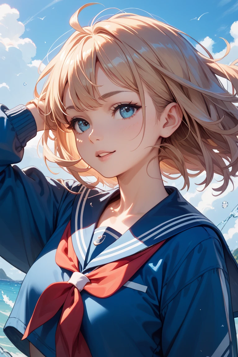 (masterpiece:1.2, Highest quality), (Realistic, photoRealistic:1.4), Beautiful illustrations, (Natural Side Lighting, Cinema Lighting),
View your viewers, Cowboy Shot, Front view:0.6, 1 Girl, Japanese, Junior high school girl, 12 years old, Perfect Face, cute and symmetrical face, Shiny skin,
(short hair, Bobcut, Blonde), Blunt bangs, Dark brown eyes, Long eyelashes, (Large Breasts:0.5),
Beautiful Hair, Beautiful Face, Beautiful attention to detail, Beautiful clavicle, Beautiful body, Beautiful breasts, Beautiful thighs, Beautiful feet, Beautiful fingers,
((Detailed cloth texture, long sleeves navy cute sailor suit, Navy Pleated Skirt, Navy sailor collar, Green sailor scarf)),
(Beautiful views), evening, Riverside, Are standing, (cute, Cute smile, Upward glance, Open your mouth),