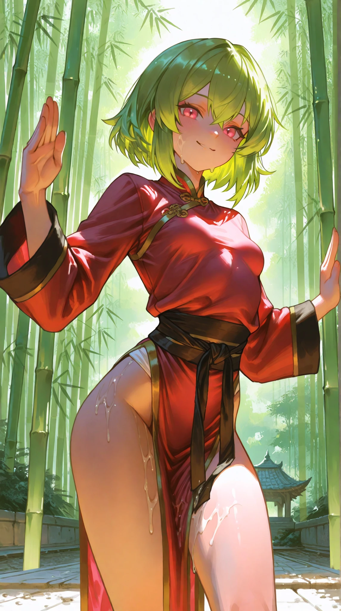 ((Standing Split:1.4)), ((standing on one leg)),((leg up)),((Highest quality)), ((masterpiece)),(detailed),High resolution,Sharp focus,Perfect Face,{best illustration},(complete anatomy),
shiny 肌,very shiny 肌,Shiny body,plastic glitter 肌,exaggerated shiny 肌,illuminated skin,curvy,
(非常にdetailed CG unity 8k wallpaper),(((Vibrant colors))),Sharp Eye,Medium chest,(Perfect body,Perfect breasts,Perfect Fingers),
Official Art,dq3,Female Warrior,One girl,Twin tails,Black Hair,Dark Eyes, hair ornaments,Hair Bobble, Muscular,Firm Abdomen,Long legs,
Long sleeve,dress, Medium chest,Green Chinese Clothing, Hair Bobble, Conceited expression,Mischievous Smile,
(Outdoor),Pioneer village in the forest,A simple log house,reclaimed land,Stacked wooden boxes,Wooden box protected by linen,Sake barrel,Forest Trees々Hidden Village,Sunlight filtering through the trees,Secret Realm,