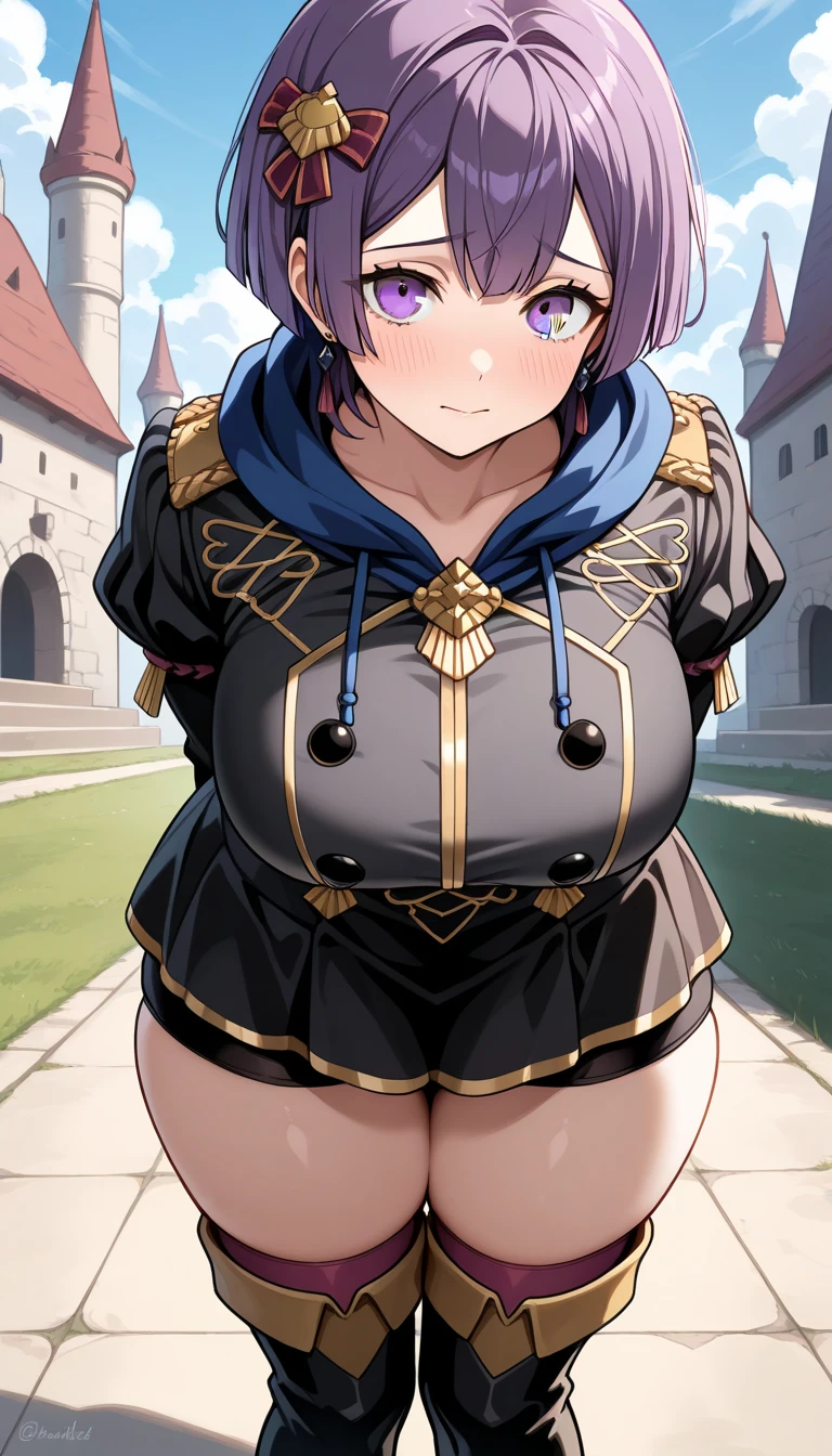 Anime illustration、highest quality、Fantasy、A short and voluptuous female knight、Bikini Armor、Castle Guard、city gate、Perfect proportions、overwhelmingly big breasts、Beautiful, shining eyes、Blushed、smile、Cowboy Shot、Thick legs