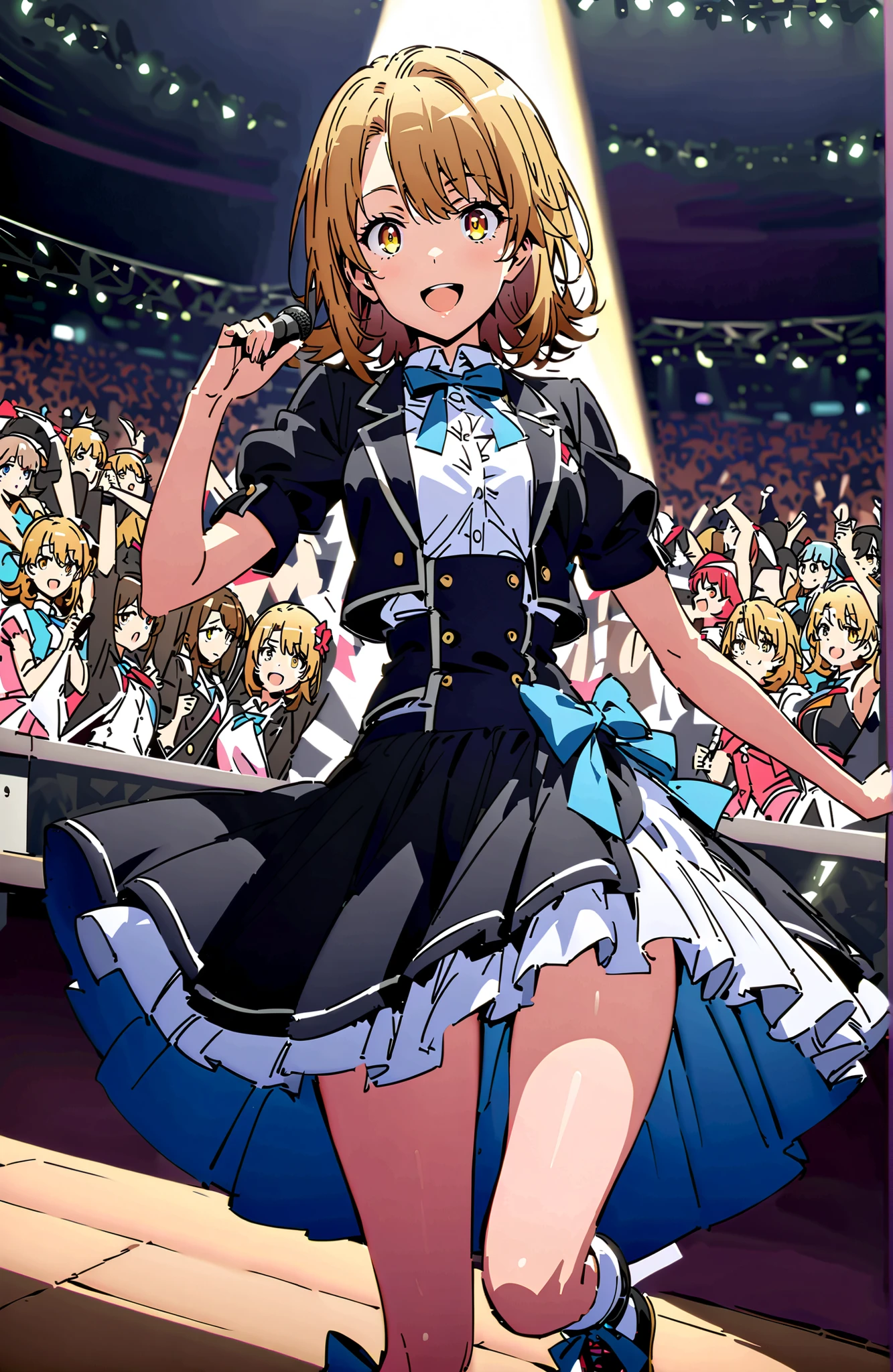 Irohaisshiki, Isshiki Iroha , short hair, brown hair, brown eyes,smile,cover,open your mouth,
idol costume, dress,collared dress,jacket,cropped jacket,Short sleeve,bowtie,bow,button,villages with,(white knee-high:1.2),shoes,アイドル歌手がライブ ステージで熱狂的に歌うシーンのillustrations,the idol singer stands in the center of the stage, idol singers sing with microphones , idol singers are serious and impressive ,The singer's voice is strong and beautiful. , fans gather around the stage , fans sing and dance with idol singers Idol singers who do things ,The Big Picture, Various colored lights ,full bodyがillustrationsに入るように,break indoors,Concert Hall,
break looking at viewer,full body,
break (masterpiece:1.2), Best Quality, high resolution, Unity 8k 壁紙, (illustrations:0.8), (beautiful detailed eyes:1.6), very detailed face, perfect lighting on the table, Extremely Detailed CG, (perfect hand, perfect anatomy),