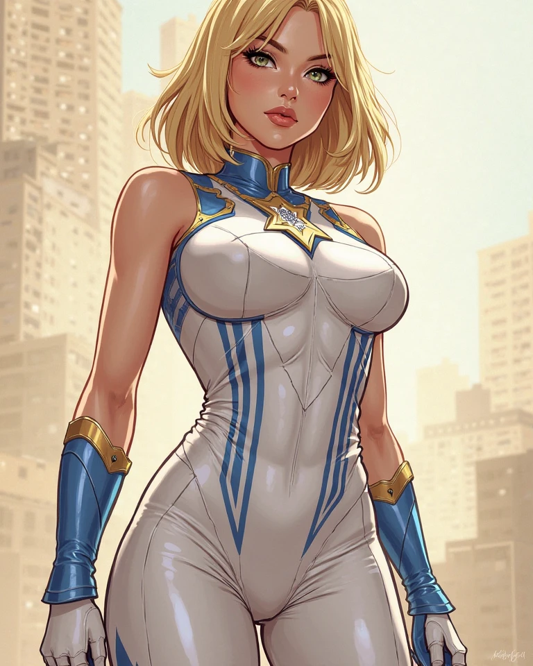 a sexy, blonde powergirl with huge breasts, incredibly detailed, ultra-realistic, 8k resolution, hyperrealistic lighting, cinematic composition, dramatic pose, powerful expression, muscular physique, slender waist, flowing hair, skintight bodysuit, high-heeled boots, glowing energy aura, futuristic cityscape background, dramatic lighting, vivid colors, photorealistic, intricate details, masterpiece