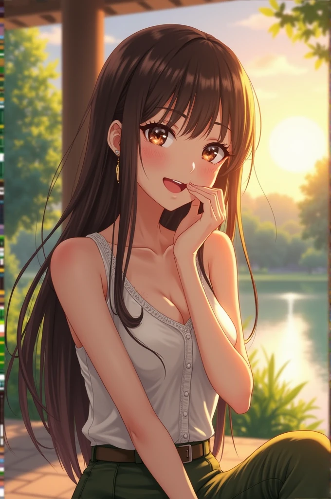 Big eyes, the pinnacle of the anime illustration, Moe style illustration, the best, masterpiece, very detailed, masterpiece, very detailed, high resolution, holding naked with one bath towel, after bathing, curious eyes, shiny, plump lips, shiny hair, on the waist, girl, hands on the waist, half-long hair, brown hair, smile with mouth closed, whole body, mid bust, slim waist, hot spring