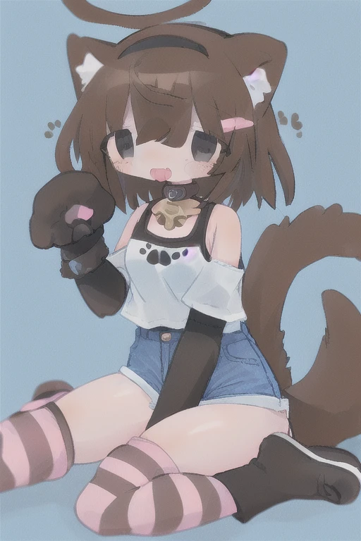 anime coloring,anime screencap,
1girl, solo, thighhighs, tail, animal ears, torn clothes, navel, brown hair, black thighhighs, blush, sleeveless, dog ears, short hair, standing straight, (((ultra-detailed eyes, 20 years old, street, brown eyes, submissive and obedient, collar))).( Cowboy_shot).