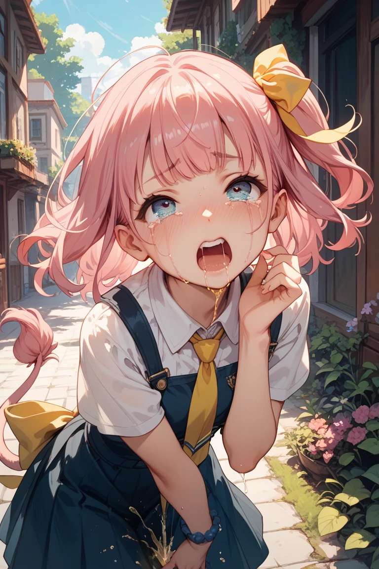 Unity 16K Wallpaper, Masterpiece, Best Quality, Ultra-Detailed, Extremely Detailed CG, Caustics, Cinematic Lighting, Detailed, Beautiful Detailed Eyes, 1 girl, (saliva:1.3, blush, Heart mark around the head:1.3, small face, cry, crowded city:1.3, In town, sit on a bench outdoors, Overalls, T-shirt), sweaty, carmine hair, swept bangs, full body
