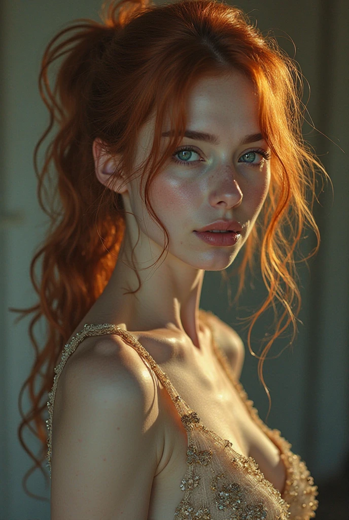 a photograph Portrait of red head women with braided hair, wearing White Linen Look Tiered Maxi Skirt, hony
