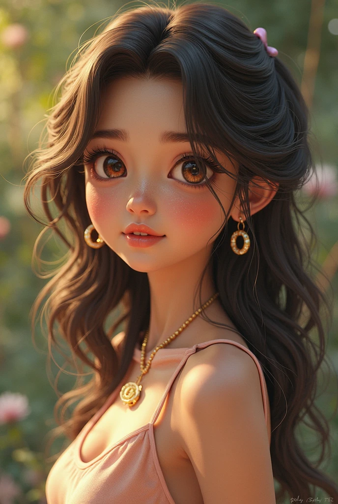 I want a character for my roblox channel with the following characteristics: ,brown dark eyes,black or brown hair,skin fair,long curly hair,