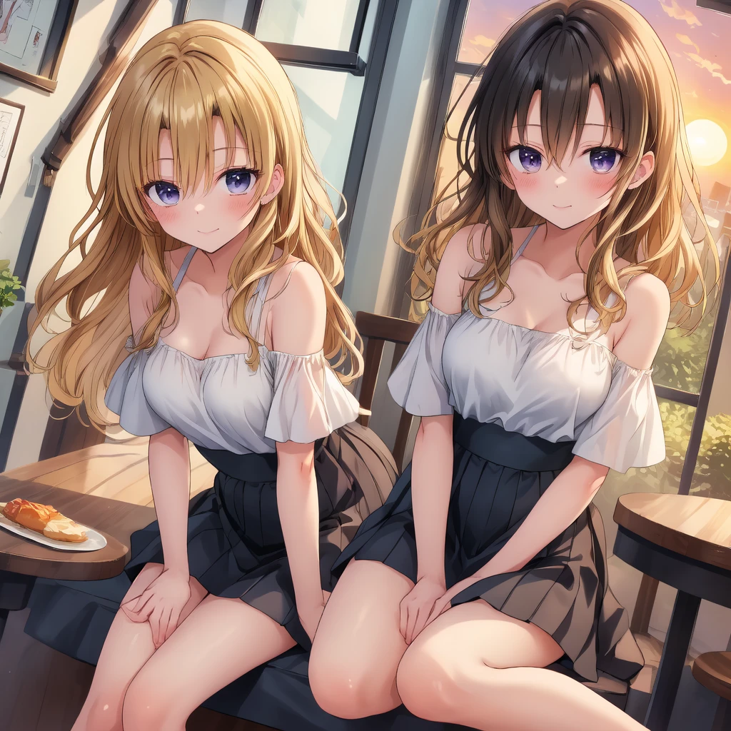 Asuna,STAR, Crown Half Up Hairstyle,、Shoulder Off、Big Breasts、Cleavage、Captivating smile, Free Pose、Brown clothes, evening, Sunset sky, sunset
