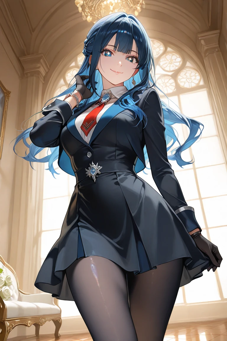 ((sentier en montagne)), ((crépuscule)), gros seins, jambes grasses, ((vue de profil)), ((haut du personnage)), ((perfect eyes)), (extremely fine and beautiful:1.1), (perfect details:1.1), (finely detailed eyes and detailed face:1.3), Kuon Shinzaki, sky high survival, high rise invasion, pantyhose, uniforme scolaire,