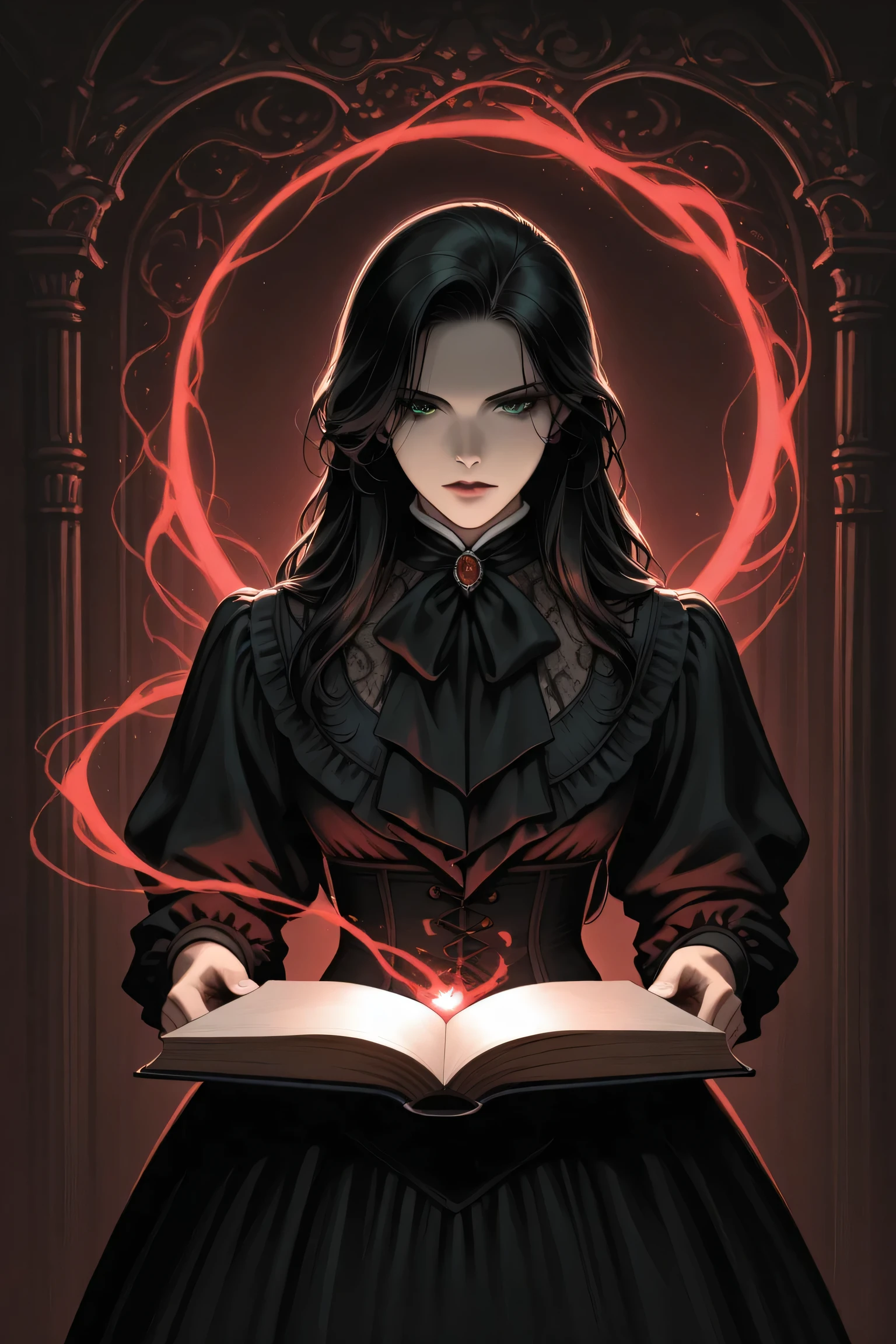 line-art, art book, best quality, 1 woman, black hair, long hair, gloomy green eyes, victorian style clothes, vampire style, dark magic around