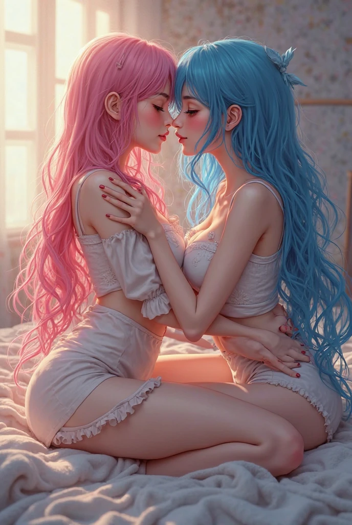 A girl with pink hair, blue eyes, She is naked and a white-haired boy is having sex with her