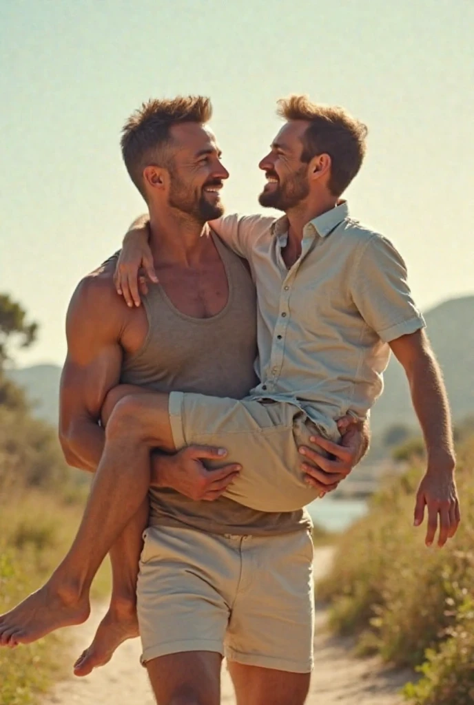 makes image of a white man, aged 35, model type, with short dark hair, with clear eyes, wearing a shirt buttoned up to the neck, with his friend and is hugging them on a beach in the Algarve
