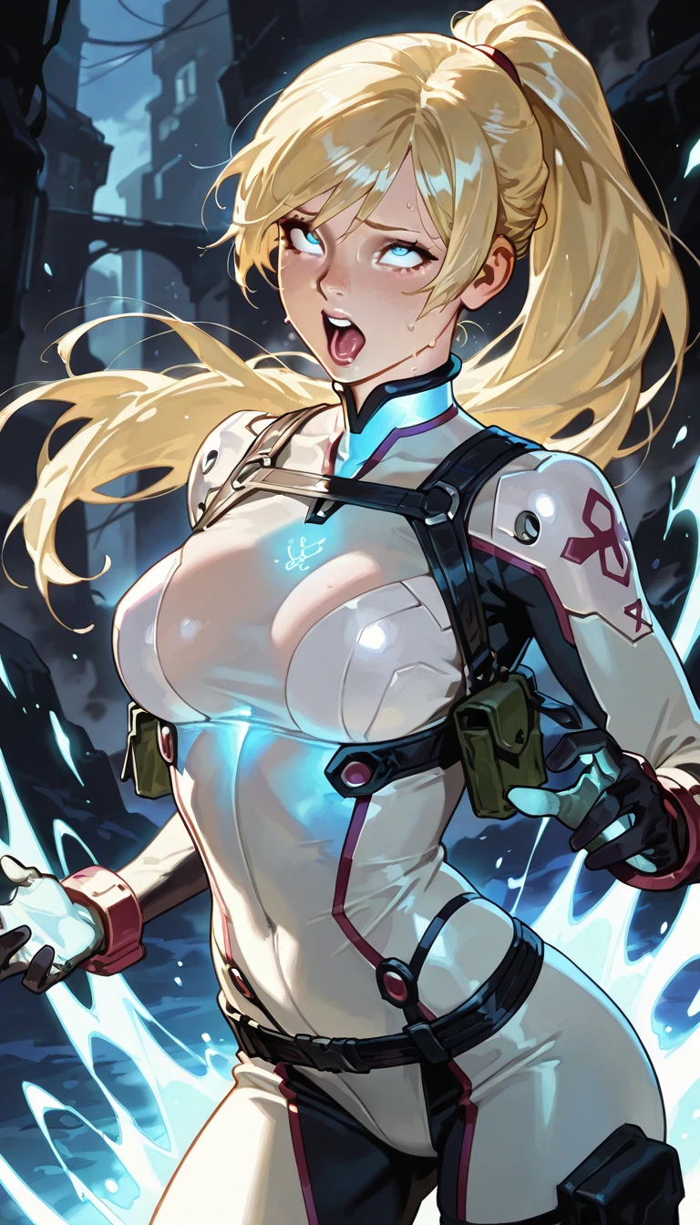 Beautiful cybernetic girl detailed muscles realistic masterpieces full figure pose (best quality,ultra-detailed), blonde straight hair, short bangs, glasses, fair skin, fit body, slim figure, narrow waist, large buttocks, (cocky expression), wearing pilot uniform and gear, inside a starfighter cockpit