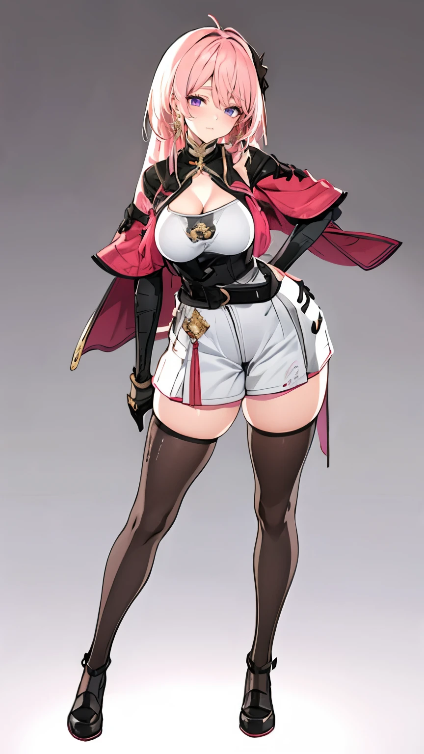 (Masterpiece, grey background:1.2) full body standing straight symmetrical looking to the viewer, view from below, far shot, cow boy shot, purple skin, drow, elf, 1girl, mature, purple eyes, pinched eyes, short silver white hair cut (yellow tiger bikini print long sleeves and long stockings) abs, navel, big knockers, tatter rags, leather choker, chain collar, stomach tattoo (red tattoo) hands on hips, wide hips, thick thighs, metal sandals