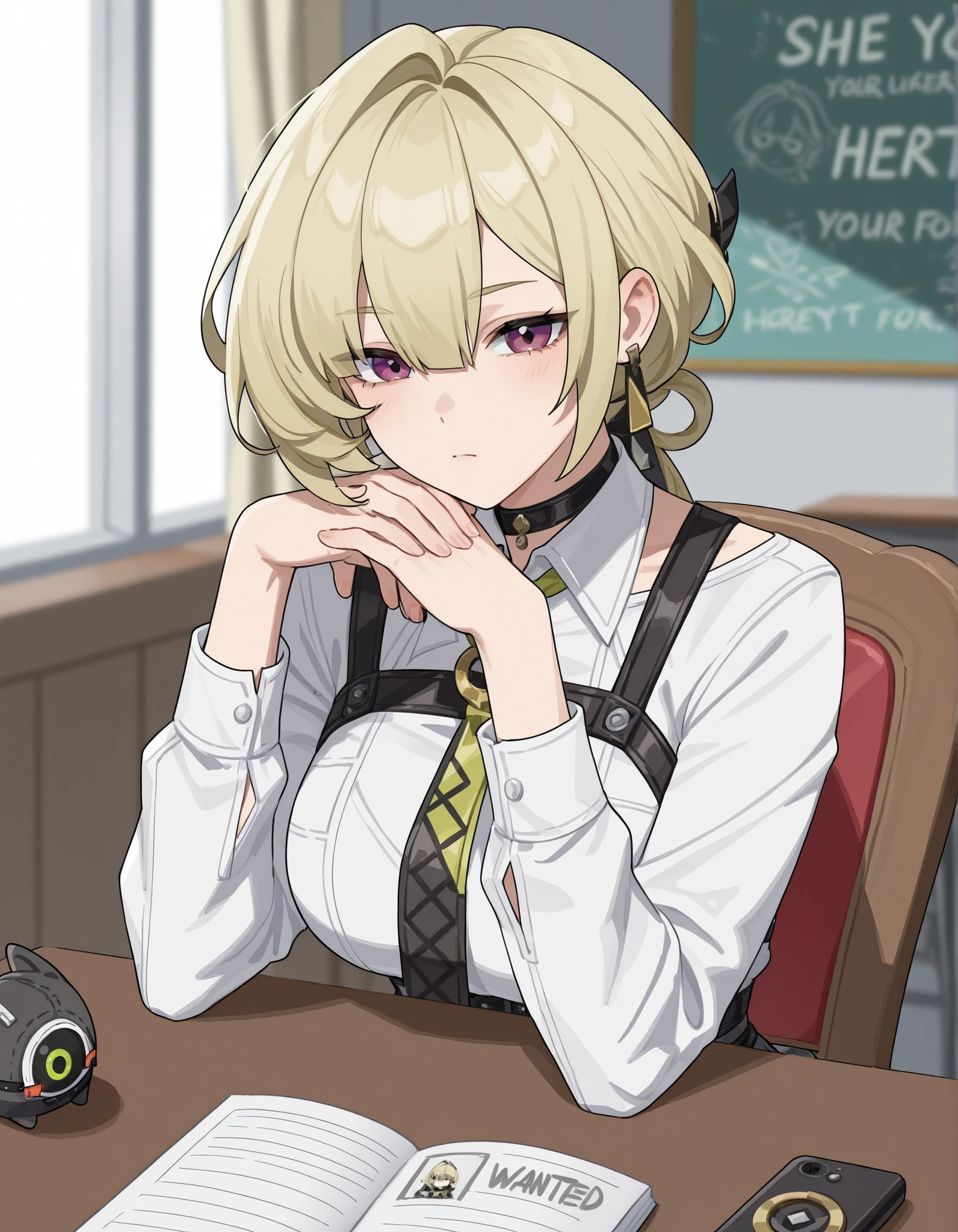 Anime character with blonde hair and purple eyes, her face so serious but still cute, she looking at you like she wanted your answer for her question, she sitting at the chair and her head lap on her hand and nod on the desk till waiting your answer, her name is evelyn from zenless zone zero,
