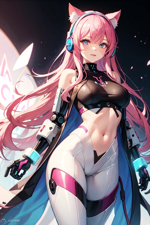 seraphine1, league of legends, pink hair,, big boobs, cleavage, digital illustration, vibrant colors, soft lighting, perfect face, absurdres, ultrasharp, 8K, glowing effects, long hair, gamer, digital girl, headphones,