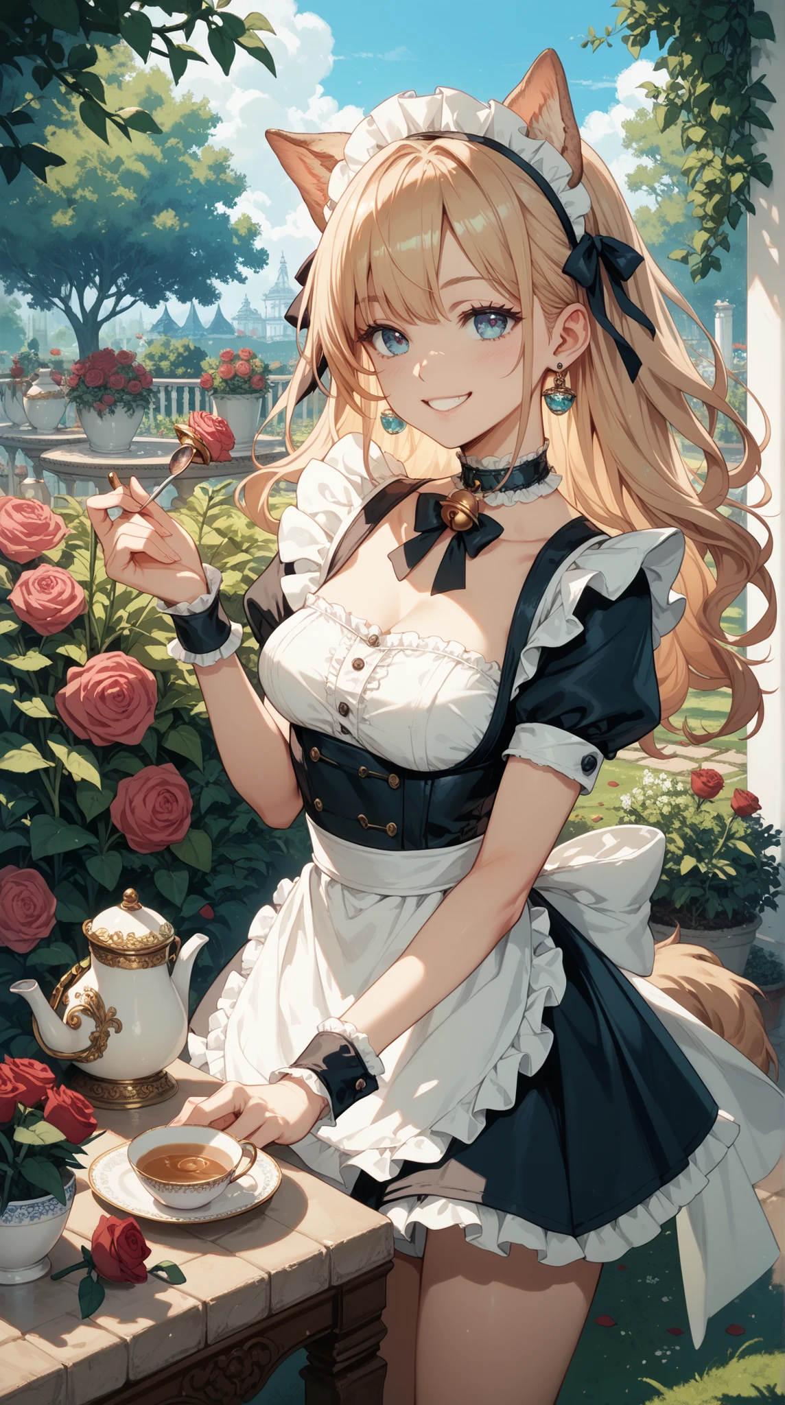 (best quality, masterpiece), (ultra high resolution, 8K RAW photo, photo realistics:1.5, textile shading, thin outline, clear focus:1.2), Beautuful Matured woman preparing an afternoon_tea_party in the garden, standing by the round table, (meisen's tea set, tea pot, tea cups, some cakes on dish), delicate and classy rococo style white table, wearing light_brown maid uniform, breast cleavage, maid costume:1.2, long flare skirts, apron, bow ties on the chest, long tall sally, long legs, white hair, (wearing thin-flame glasses:1.2), (milf:1.5, 28 years old, solo), (large breast, sagging breast, big tits, narrow waist), (medium short white hair, hair over one eye, (updo hair:1.2), side lock, asymmetric hair, wavy hair), (bright pupils, detailed eyes, high detailed face, Perfect face shape, eye rush), (seductitve smiling, half-closing eyes), (looking at viewers:1.3), (dynamic angle, full body, from above:1.2), ((correct anatomy:1.5, correct hands)), (ideal ratio of body proportions), (outdoor:1.2, grass field),