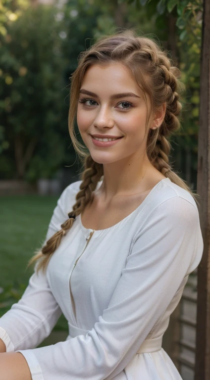 A girl, artemis, greek ,170 centimeters tall, 65 kilograms weights, most beautiful deep blue eyes, normal eye shape, normal chin, normal lips, normal cheeks, smile, blonde  braided hair,grey pullover, white socks, white pants,standing in park , autumn, rainy day, chairs in back, blurrey background , Surrealism, 8k, super detail, anatomically correct, super detail, high details, high quality, award winning, best quality, highres, 1080P, HD, 4K, 8k, 16k, masterpiece, ccurate, retina, UHD