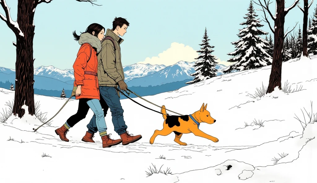 cartoon of a man and woman walking their dog in the snow, , Herge, Herge, Tintin, illustrations!, by Jean Helion , by Clément Serveau, by Hamish MacDonald , Tomer Hanuka , adventure, adventure家, Digital coloring, by André Beaunevue, Jean Elyon's, trekking