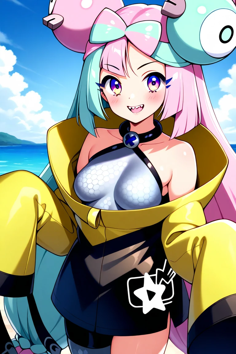 best quality, masterpiece, 1girl, anime coloring,beach, solo, green eyes, green hair,long hair, open mouth, smile, ((blue skin)), colored skin, (gigantic breasts:1.1), blue sky, cloud, sun, ahoge, monster girl, (slime girl), tentacle hair, :d, yellow hair between eyes, blush, very long hair, (yellow_bikini), cowboy shot, standing, sleeveless, nagatiti, hanging breast, bottomless, ((no panties)), arms behind back, kneeling, spread legs, looking down, looking at viewer, from below, erection, gigantic penis, large testicles, cock sheath, (blue testicles:1.2, blue penis:1.4),
<lora:Suu:0.7> <lora:add_detail:0.5> <lora:Erect Horse Penis_8d6af4acf1:1>