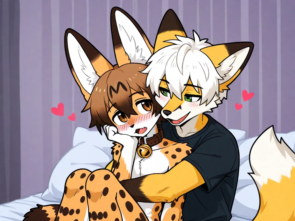 nsfw, masterpiece, best quality, illustration, ultra-detailed, finely detail, highres, 8k wallpaper, beautiful detailed eyes, , POV, (2 boys), boy, (mmm threesome:1.3), (2 boys licking penis), (pojecile cum:1.4), (bukkake:1.3), (full nude,dog collar,fake dog ears), morning, on bed, light form window