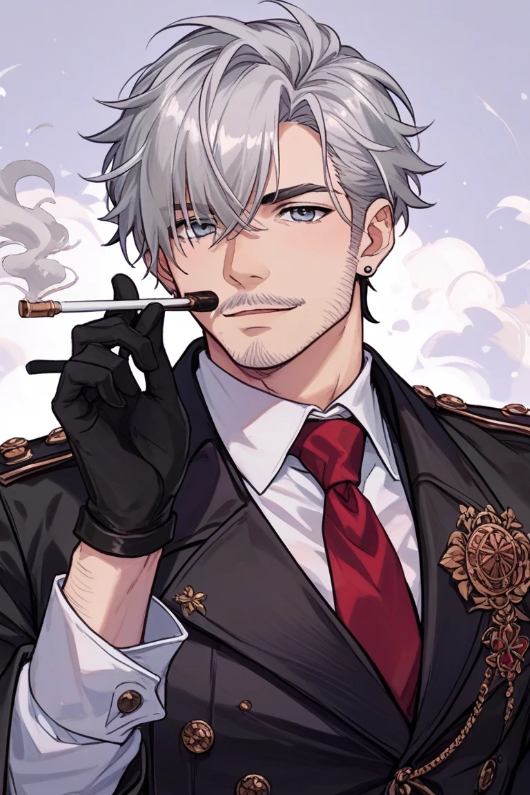 Perfect face. Perfect hands. A young white haired man with blue eyes and long hair in a white sheriff's uniform is playing cards in a saloon with a big smile