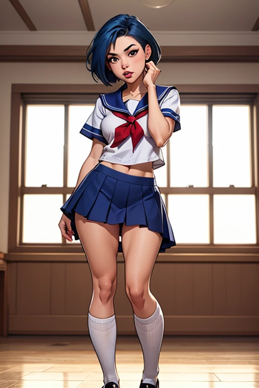 realistic , (masterpiece, best quality),(solo) ,(), Linda Cardellini as Velma in Scooby-Doo, tight tubetop, [brown|purple|black hair], long hair, hair bow, hair ribbon, ponytail, makeup, blue eyes, ,choker, blue suit, pencil skirt, black thighhighs, high heels, school, classroom, blackboard,
