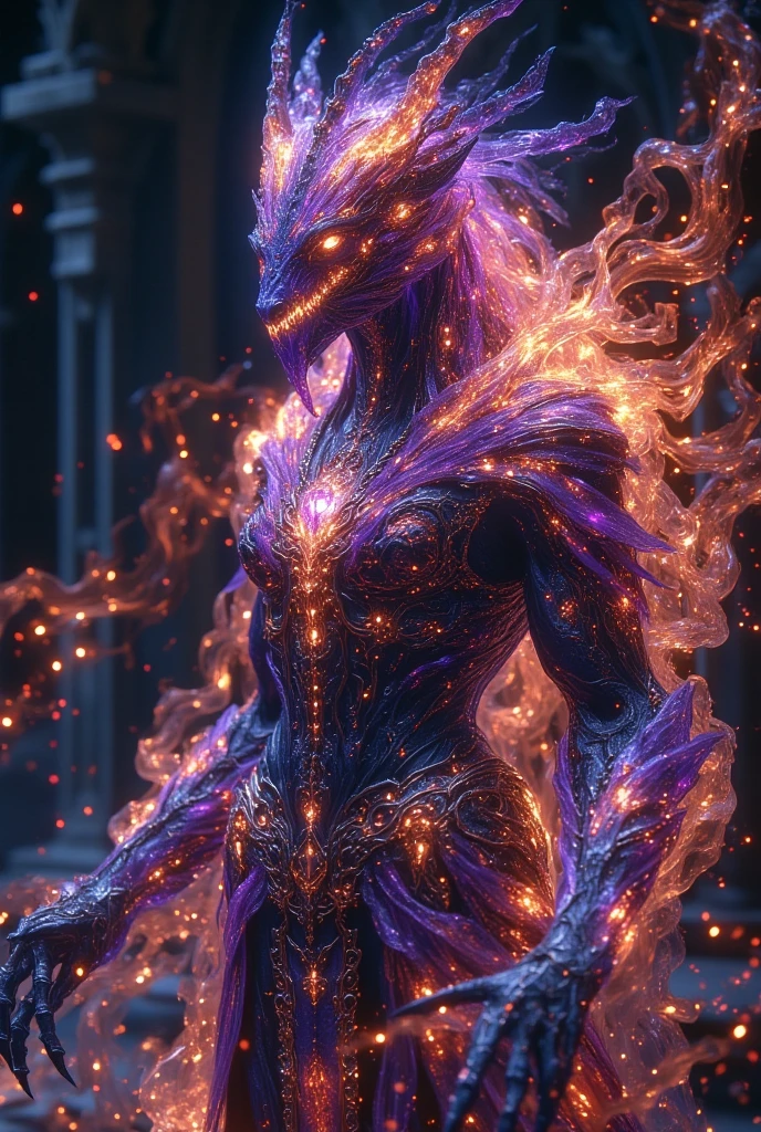 A mystical animal with a translucent body, aura of light, potency, fangs, claws,  armored , red, blue, purple, orange