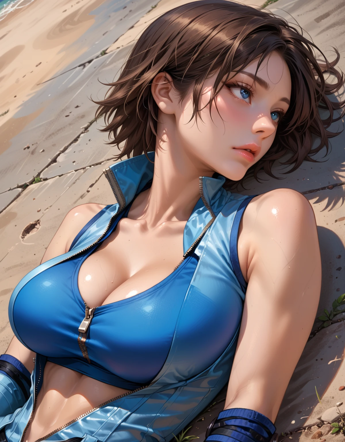(best quality,official art,high resolution,4k,portrait,realistic,ultra-detailed),1 women, capture whole body, black short hair, hourglass body, crop jacket,medium breast,six packs,muscular body, biceps, medium thighs.