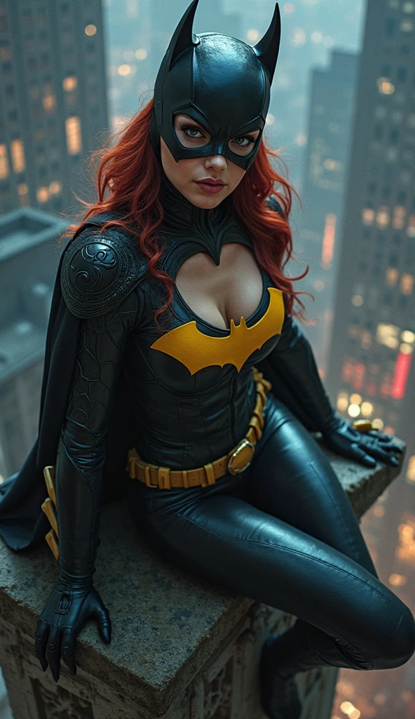 A TEEN FEMALE WITH A SEXY BODY, LONG ORANGE HAIR AND GREEN EYES WEARING A COMPLETE BATGIRL COSTUME AND CAPE. ABSURD 8K RESOLUTION, INCREDIBLY DETAILED SKIN AND EYES, FULL BODY